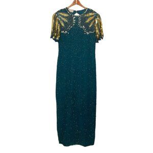 Vintage 80s 90s Laurence Kazar Beaded Sequin Keyhole Back Sheath Dress Gown